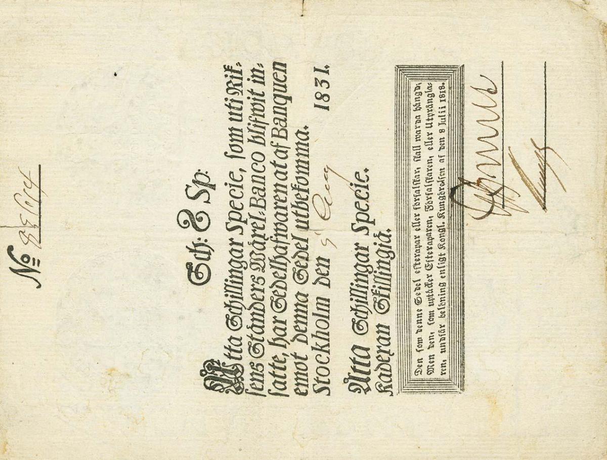 Front of Sweden pA93c: 8 Schillingar Specie from 1831