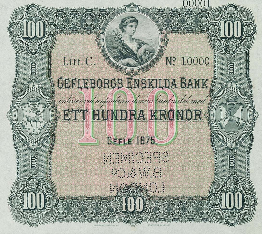 Front of Sweden pS182s: 100 Kronor from 1875