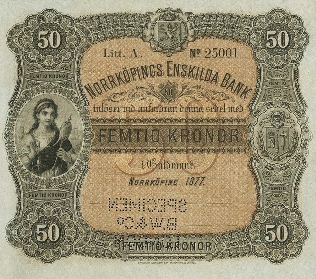 Front of Sweden pS363s: 50 Kronor from 1877
