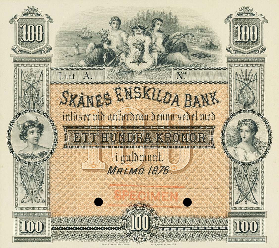 Front of Sweden pS463s: 100 Kronor from 1876