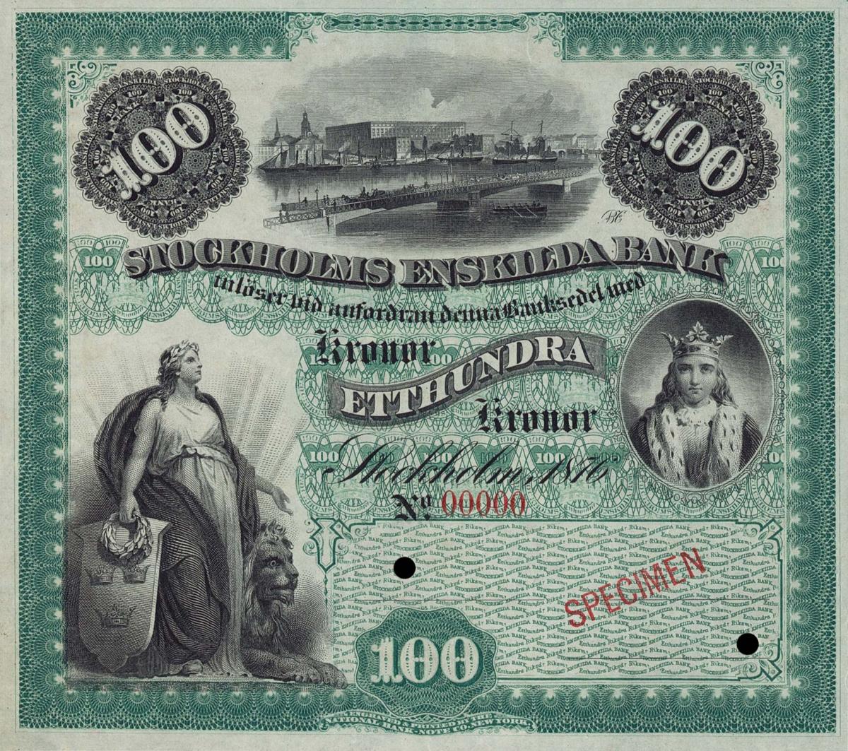 Front of Sweden pS513s: 100 Kronor from 1876