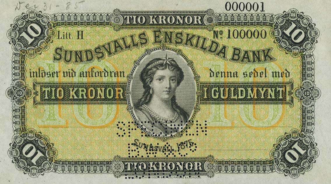 Front of Sweden pS589s: 10 Kronor from 1875