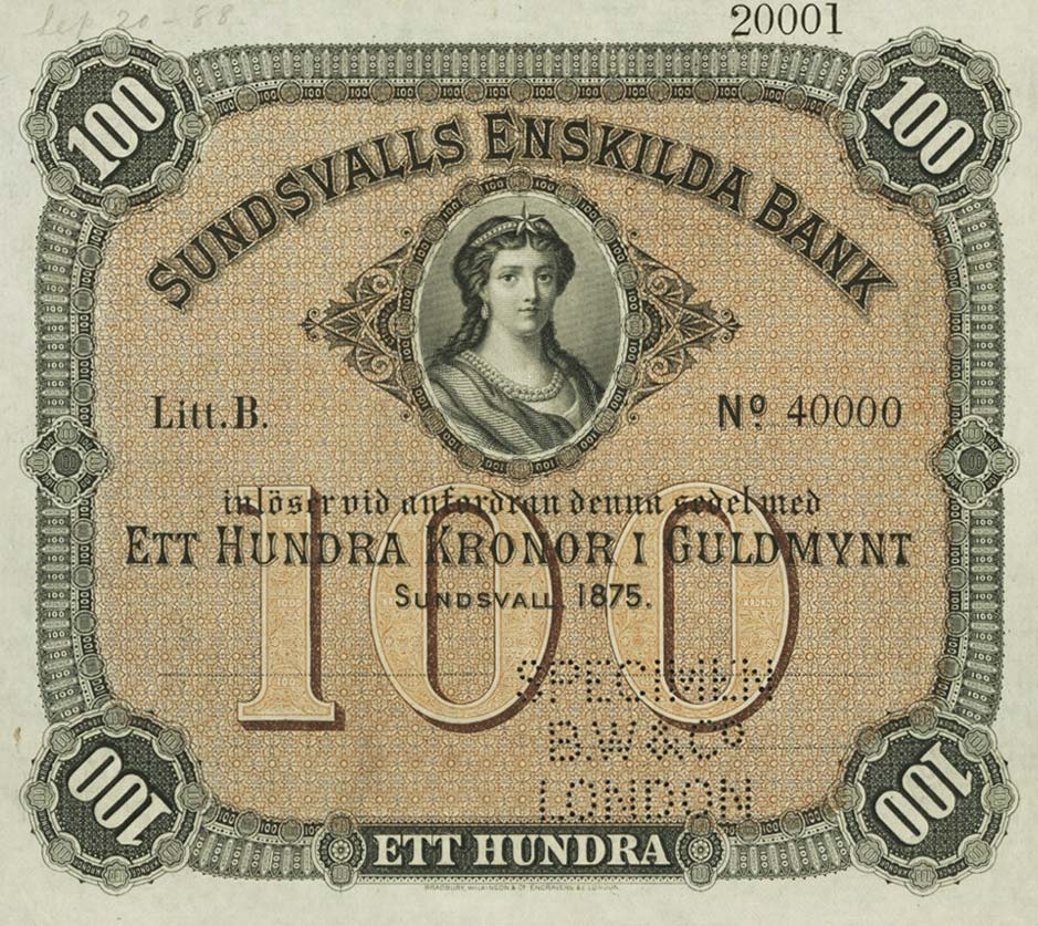 Front of Sweden pS591s: 100 Kronor from 1875
