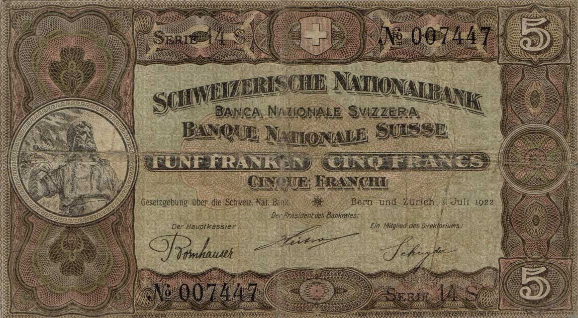 Front of Switzerland p11f: 5 Franken from 1922