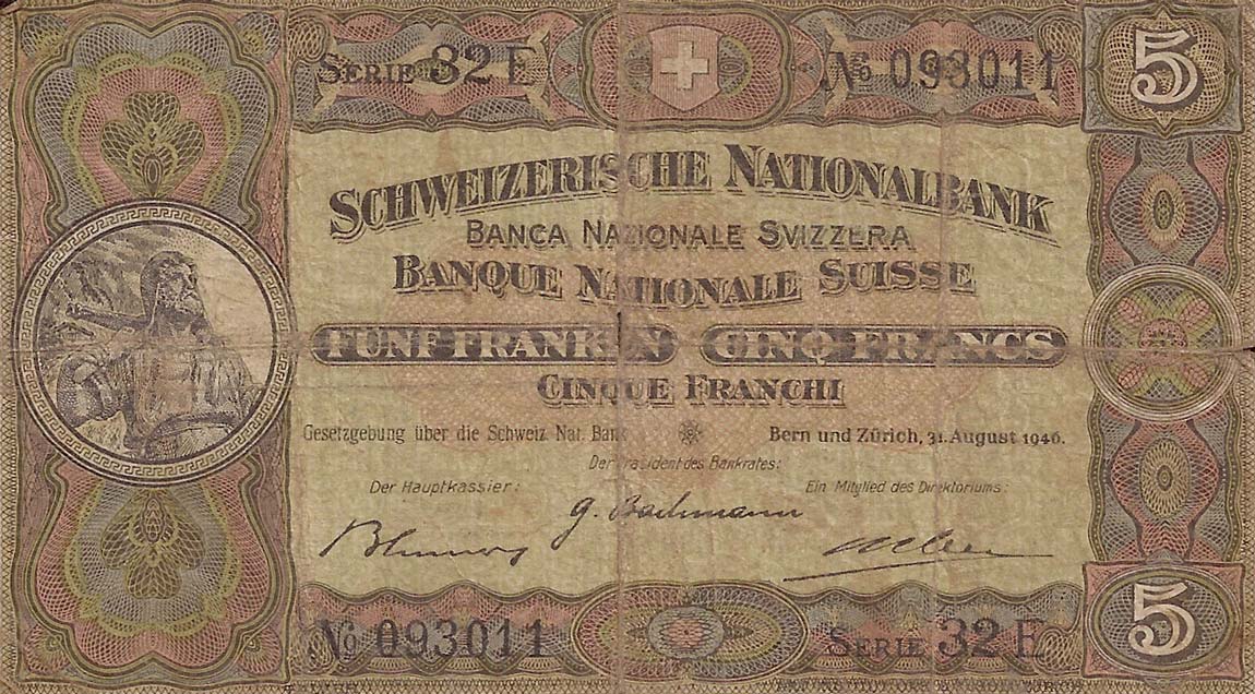 Front of Switzerland p11l: 5 Franken from 1946