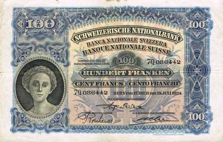 Front of Switzerland p35h: 100 Franken from 1934