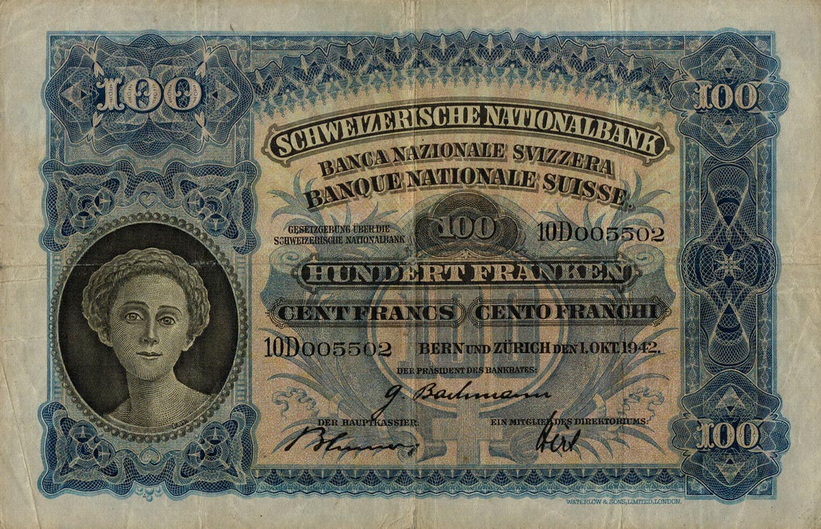 Front of Switzerland p35n: 100 Franken from 1942