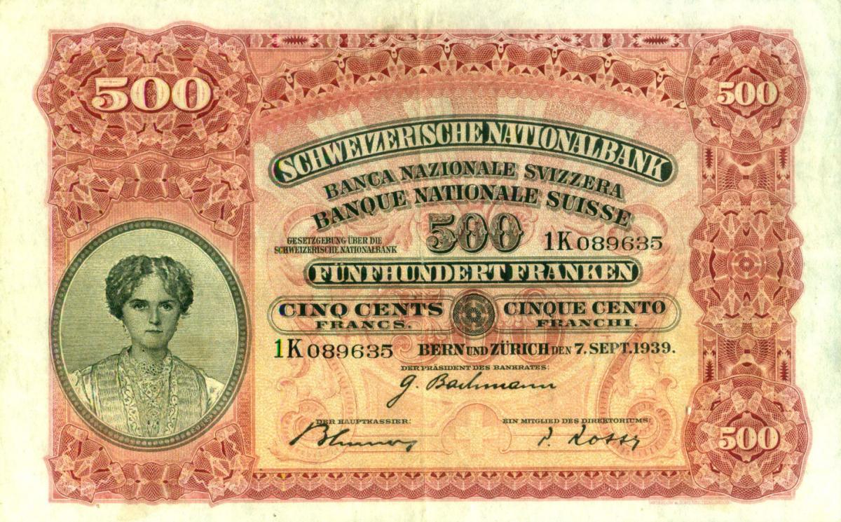 Front of Switzerland p36c: 500 Franken from 1939