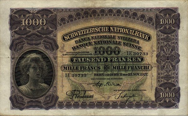 Front of Switzerland p37a: 1000 Franken from 1927