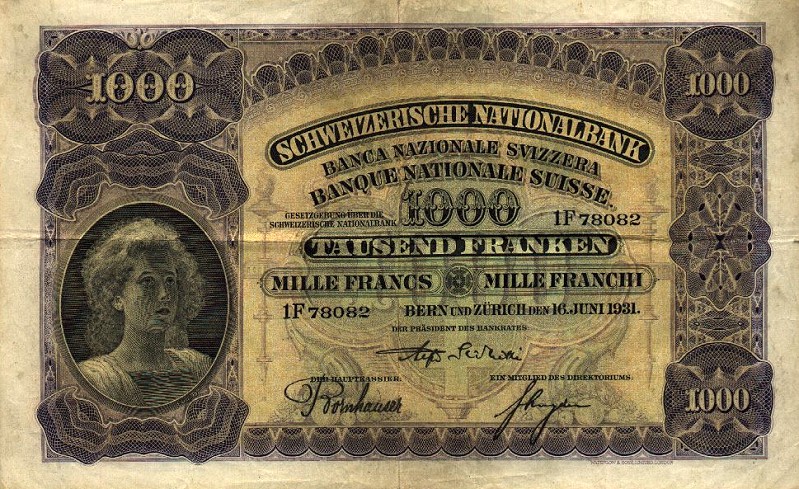 Front of Switzerland p37c: 1000 Franken from 1931