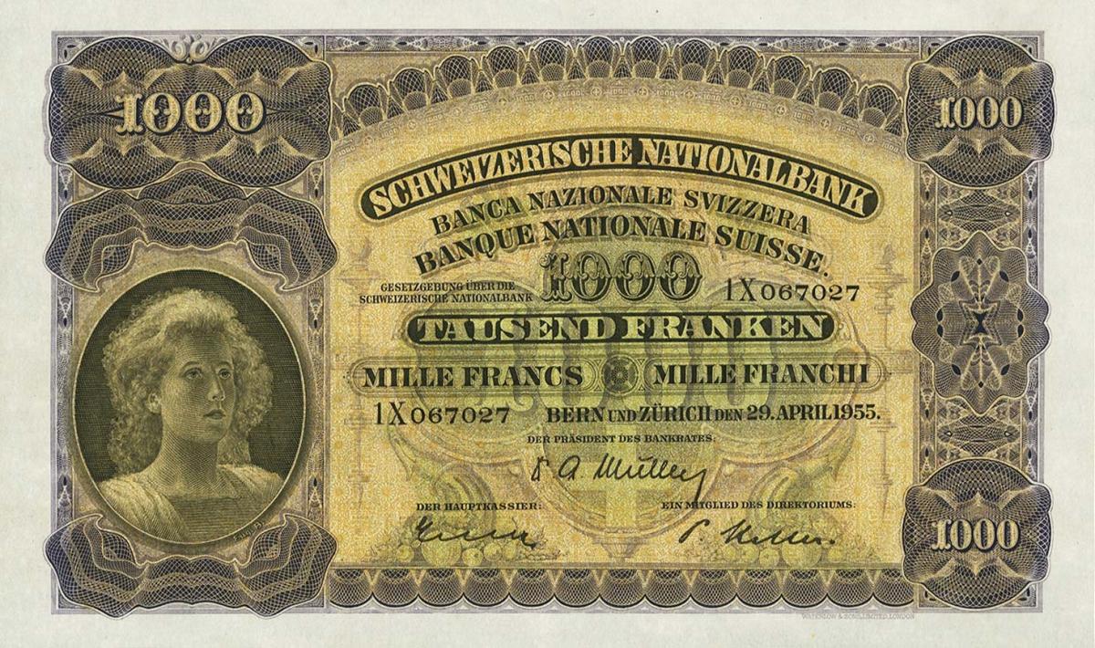 Front of Switzerland p37i: 1000 Franken from 1955