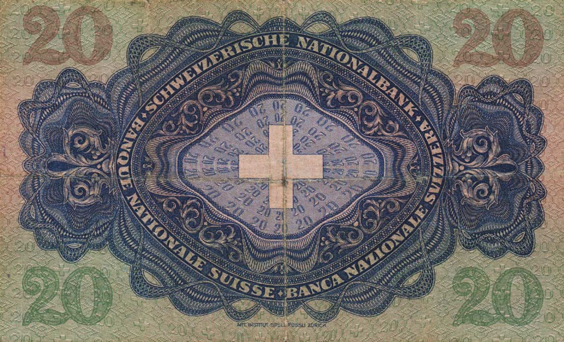 Back of Switzerland p39c: 20 Franken from 1931