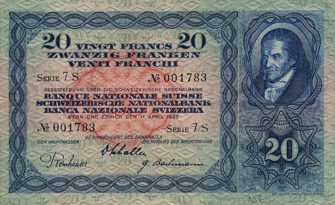 Front of Switzerland p39e: 20 Franken from 1935