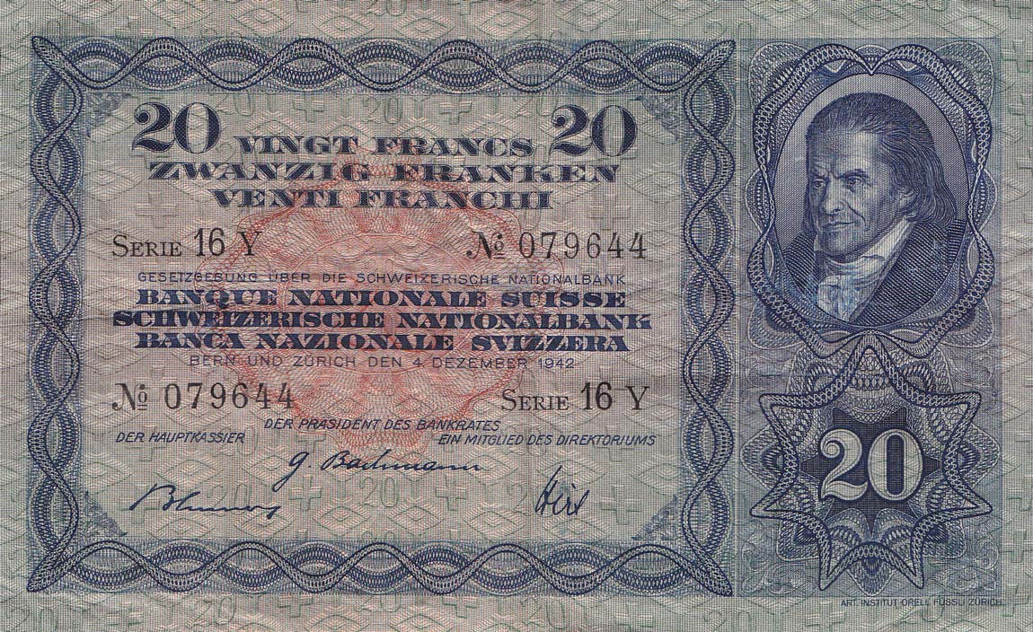 Front of Switzerland p39l: 20 Franken from 1942