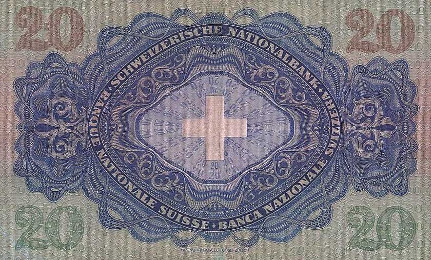 Back of Switzerland p39n: 20 Franken from 1944