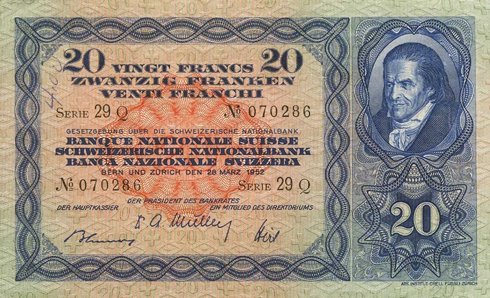 Front of Switzerland p39t: 20 Franken from 1952