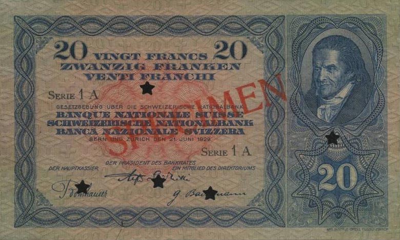 Front of Switzerland p39s1: 20 Franken from 1929