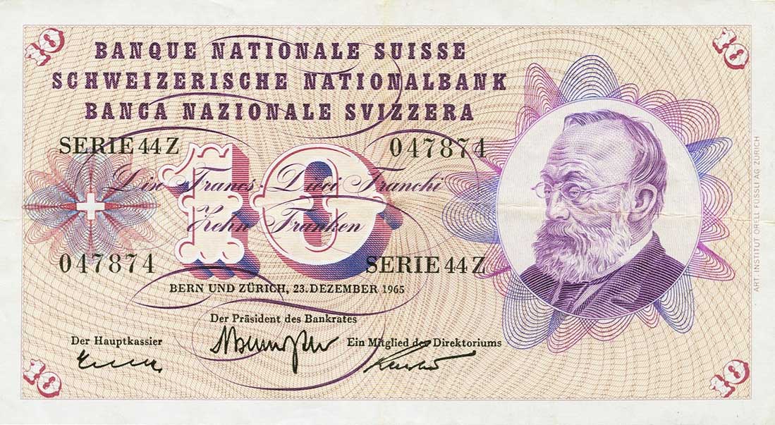 Front of Switzerland p45k: 10 Franken from 1965