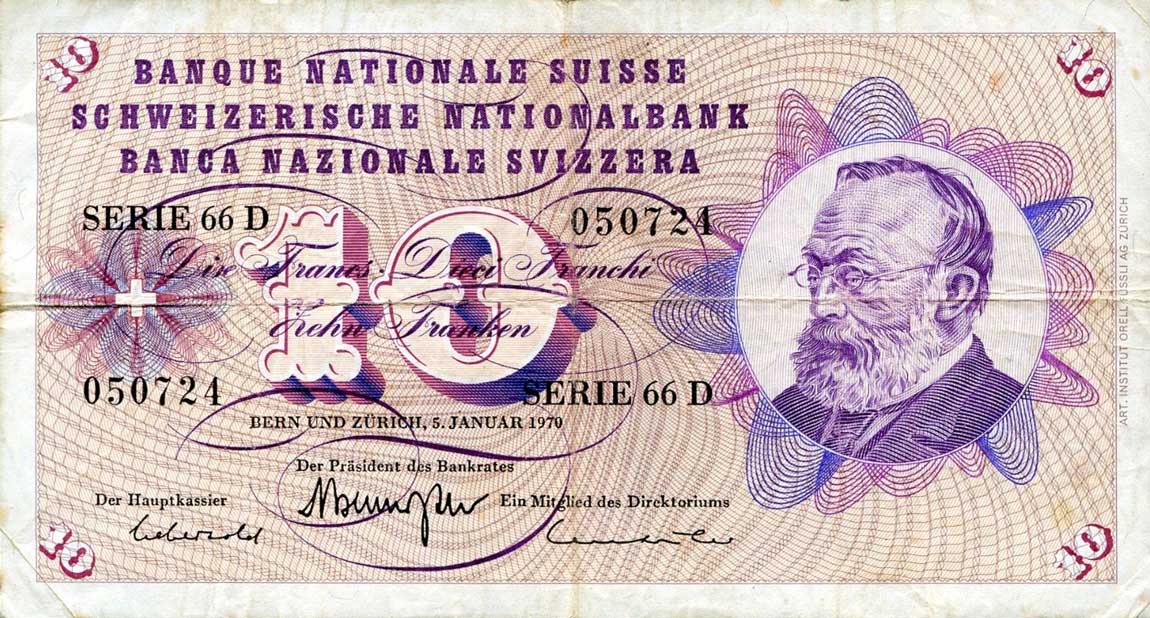 Front of Switzerland p45o: 10 Franken from 1969
