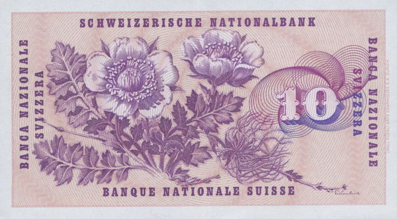 Back of Switzerland p45s: 10 Franken from 1973