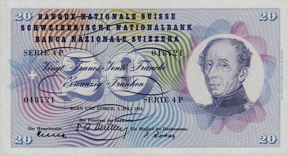Front of Switzerland p46a: 20 Franken from 1954