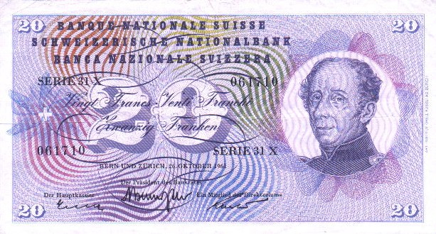 Front of Switzerland p46i: 20 Franken from 1961