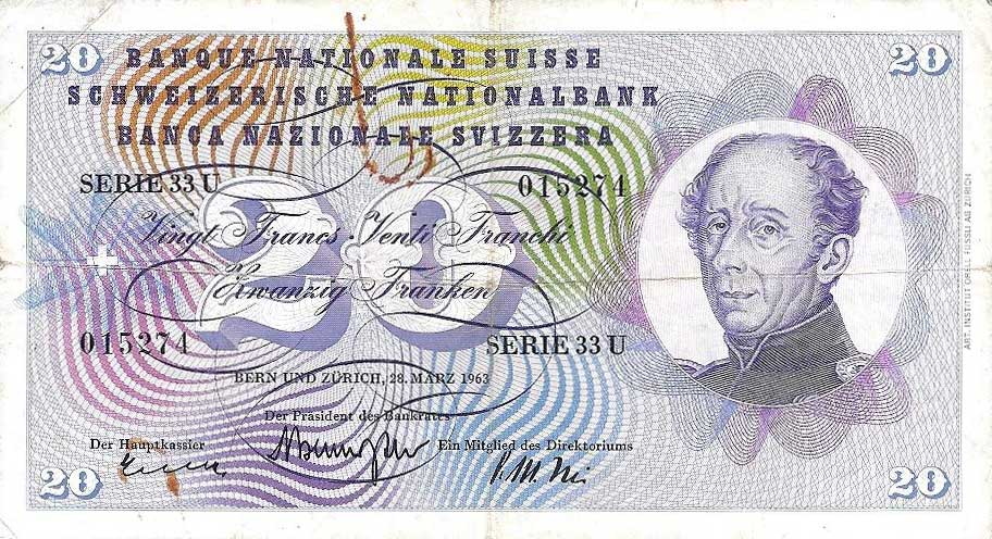 Front of Switzerland p46j: 20 Franken from 1963