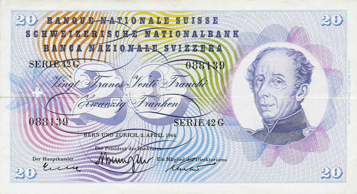Front of Switzerland p46k: 20 Franken from 1964