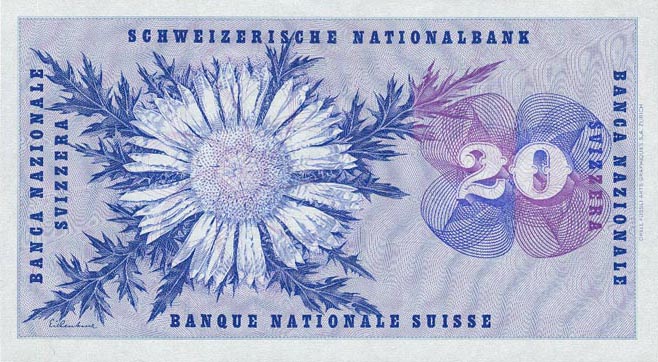 Back of Switzerland p46r: 20 Franken from 1970