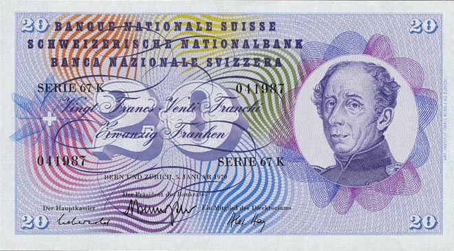 Front of Switzerland p46r: 20 Franken from 1970