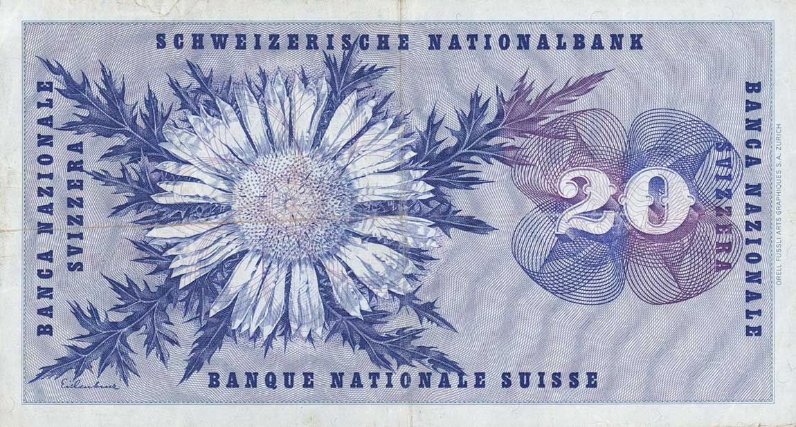 Back of Switzerland p46t: 20 Franken from 1972
