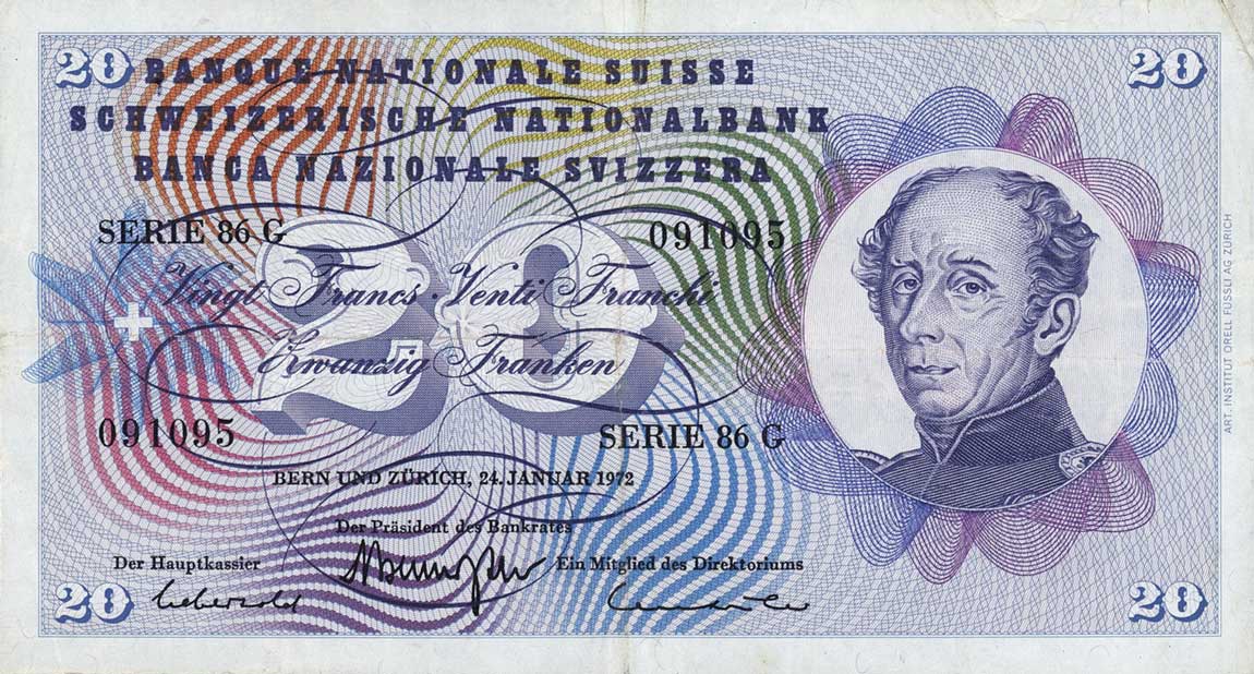 Front of Switzerland p46t: 20 Franken from 1972