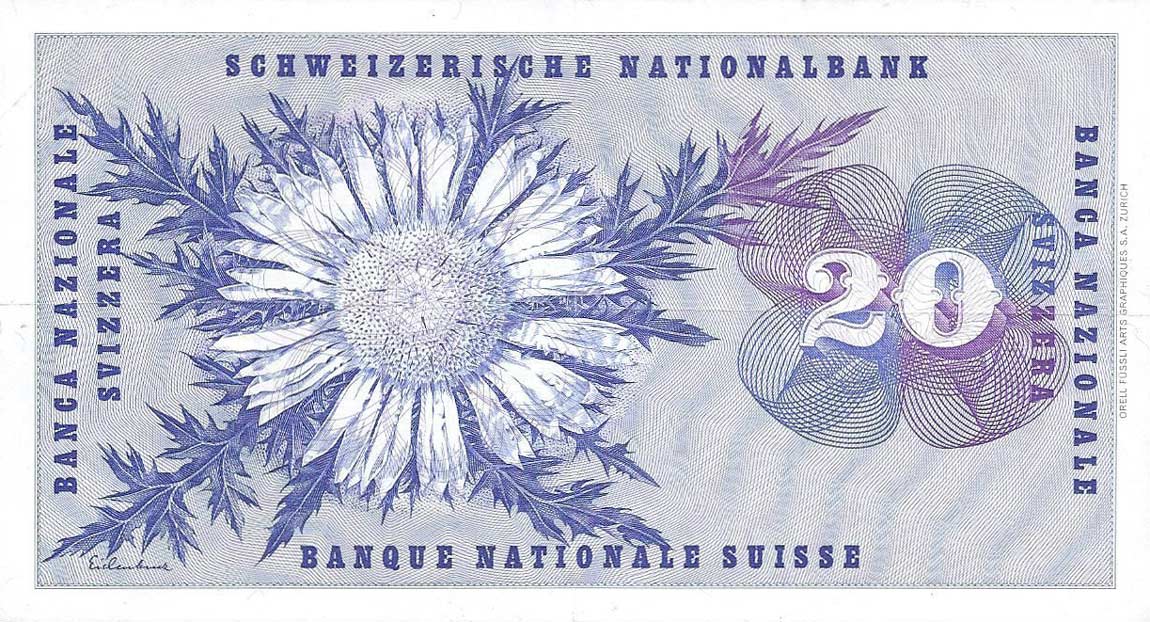 Back of Switzerland p46w: 20 Franken from 1976