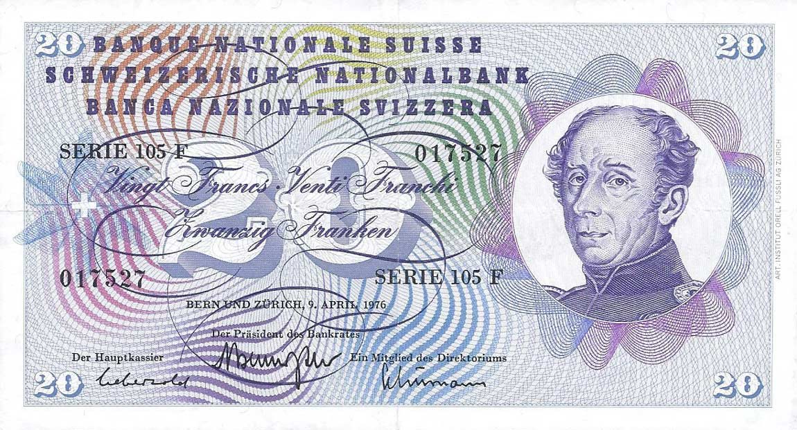 Front of Switzerland p46w: 20 Franken from 1976