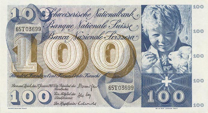 Front of Switzerland p49k: 100 Franken from 1969