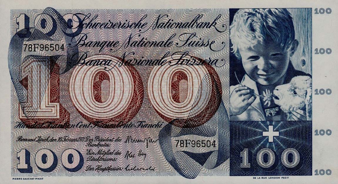 Front of Switzerland p49m: 100 Franken from 1971