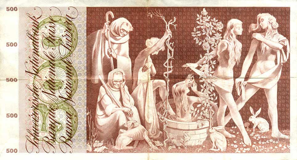 Back of Switzerland p51h: 500 Franken from 1970