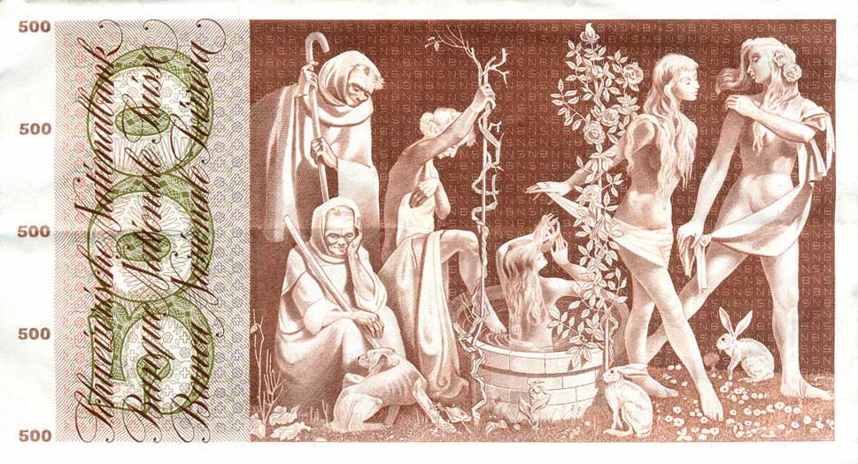 Back of Switzerland p51j: 500 Franken from 1972