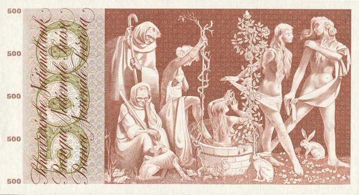 Back of Switzerland p51l: 500 Franken from 1974