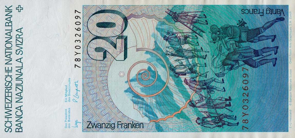 Back of Switzerland p54: 20 Franken from 1978