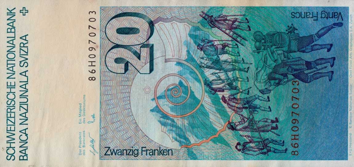 Back of Switzerland p55f: 20 Franken from 1986