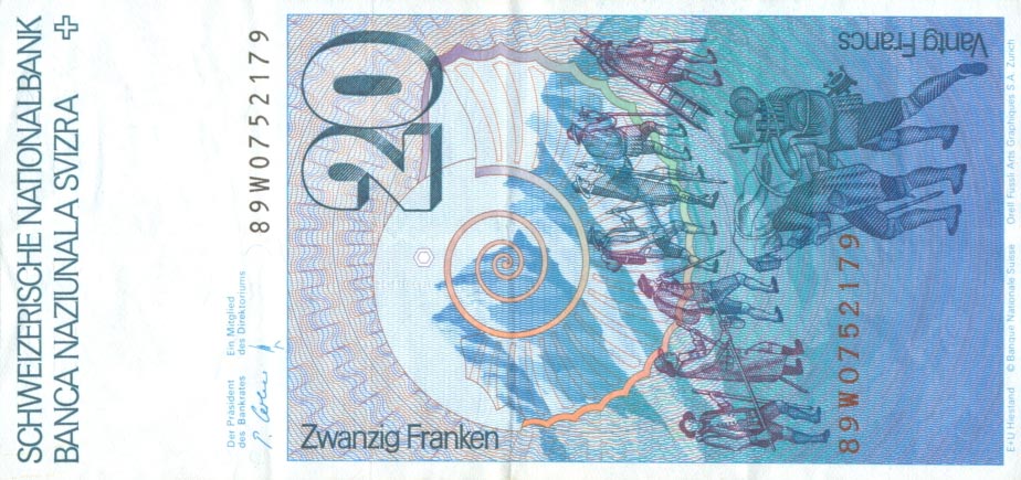 Back of Switzerland p55h: 20 Franken from 1989