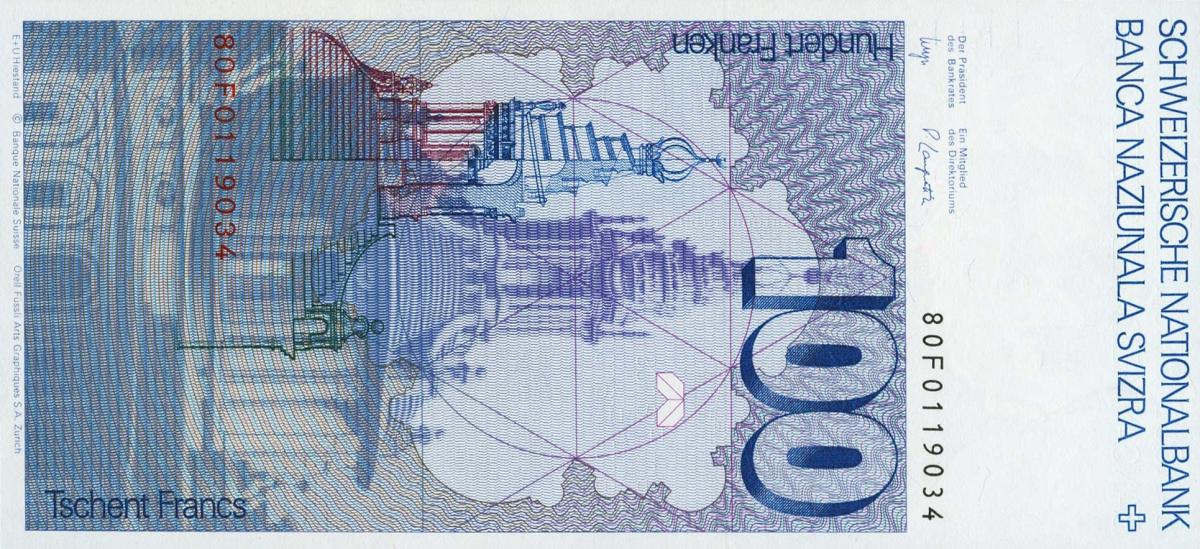 Back of Switzerland p57c: 100 Franken from 1980