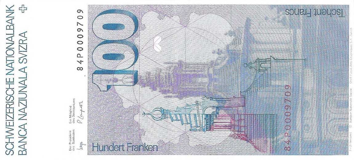 Back of Switzerland p57e: 100 Franken from 1982