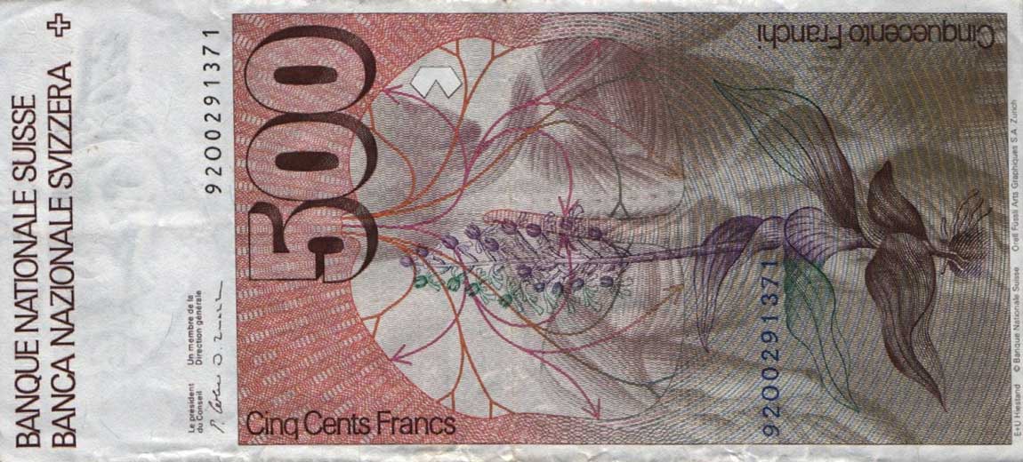 Back of Switzerland p58c: 500 Franken from 1992