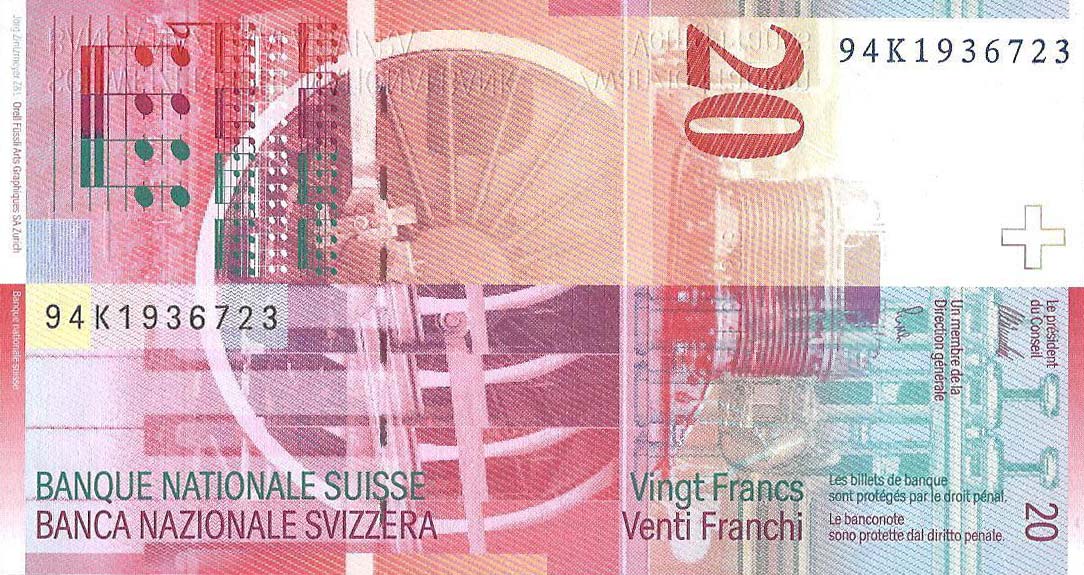 Back of Switzerland p68a: 20 Franken from 1994