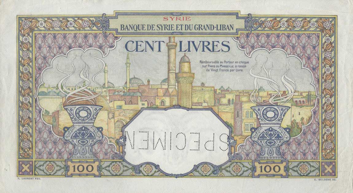 Back of Syria p29s: 100 Livres from 1925