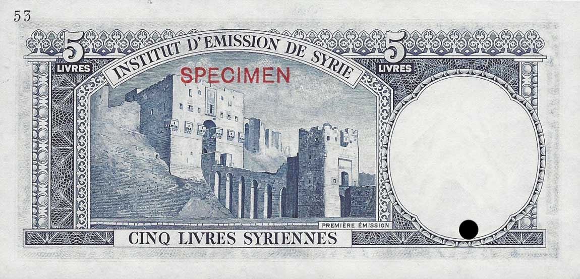 Back of Syria p74ct: 5 Livres from 1950