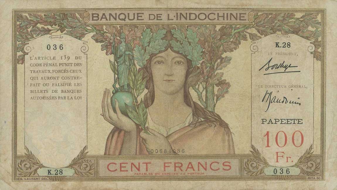 Front of Tahiti p14a: 100 Francs from 1939
