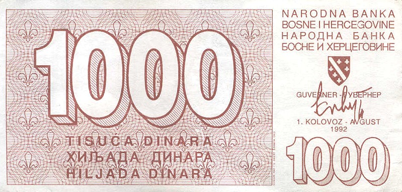 Front of Bosnia and Herzegovina p26a: 1000 Dinara from 1992